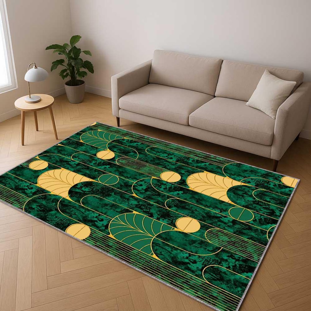 Executive Area Rugs Art Deco Office Rug, Emerald Green Gold Luxury Executive Workspace ...