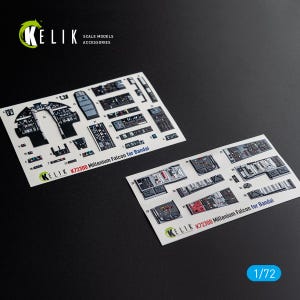 May include: Two white decal sheets for a 1/72 scale model kit, featuring detailed black, grey, and red cockpit instrument panels and interior controls. The sheets are labeled Kelik K72300 Millenium Falcon for Bandai, with numbered components.