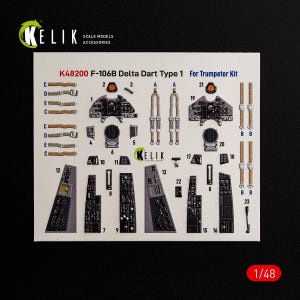 May include: A Kelik K48200 F-106B Delta Dart Type 1 scale model accessory set for a Trumpeter kit. The sheet features printed cockpit instrument panels, side consoles, and tan seat harness straps, all labeled with numbers and letters on a white background.