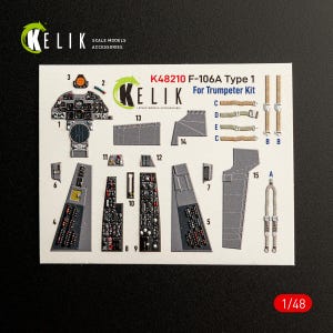 May include: A Kelik K48210 F-106A Type 1 scale model accessory set for a Trumpeter kit in 1/48 scale. The sheet features printed cockpit instrument panels, side consoles, and seat harness straps labeled with numbers and letters for assembly.