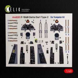 May include: A sheet of KELIK K48201 F-106B Delta Dart Type 2 scale model accessories for a Trumpeter kit in 1/48 scale. The sheet features various printed cockpit instrument panels, side consoles, and tan seat harness straps labeled with numbers.