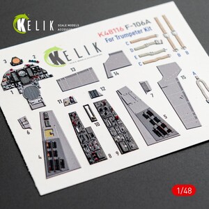 May include: A Kelik K48116 F-106A scale model accessory set for a Trumpeter kit in 1/48 scale. The sheet features various printed grey and black cockpit instrument panels, side consoles, and tan seat belt components labeled with numbers and letters.