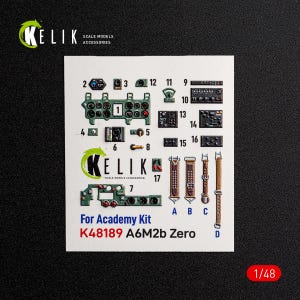May include: A Kelik scale model accessory set for the Academy K48189 A6M2b Zero kit. The sheet features various miniature cockpit instrument panels, control boxes, and four brown seat harness straps labeled A, B, C, and D, all numbered for assembly.