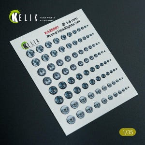 May include: A sheet of scale model accessories featuring round headlights in various sizes, ranging from 1 to 6 mm in diameter. The sheet is white with the text "Round Headlights Set" and the brand "Kelik". The headlights are metallic silver.