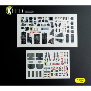 May include: Two sheets of scale model accessories for an F-14A aircraft, featuring detailed cockpit and exterior parts. The sheets are white with black and red printed details, including the text "KELIK K32053 F-14A" and "1/32".