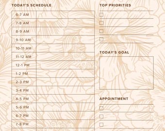 Puede incluir: Un planificador diario beige con patrones florales y el texto "DAILY PLANNER". Incluye secciones para la fecha, el horario, las principales prioridades, los objetivos, las citas y las notas. El planificador tiene franjas horarias de 6 a 21 horas.