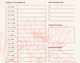 Puede incluir: Un planificador diario beige con el texto "DAILY PLANNER" en la parte superior. El planificador incluye secciones para la fecha, el horario, las principales prioridades, el objetivo del día, las citas y las notas. Diseño floral en el fondo.