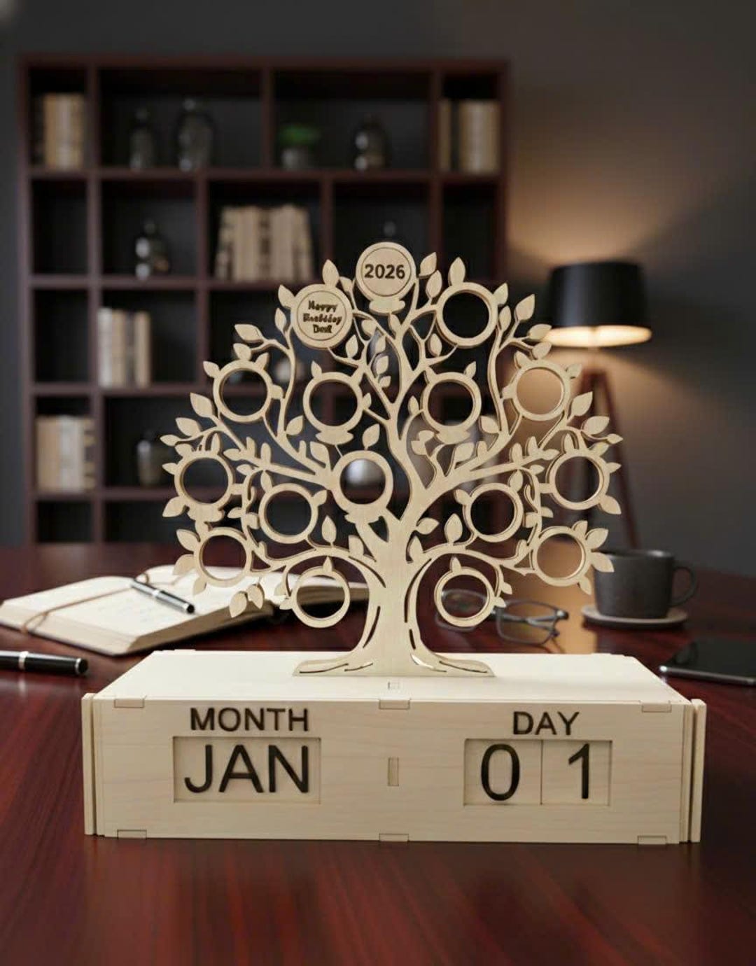 Wooden Perpetual Desk Calendar – Tree Design Office Desk Decor – Laser ...