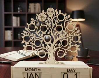 Ewiger Tischkalender aus Holz – Schreibtisch Dekor Baum – Laser Cut Datei, 208 x 80 x 208 mm