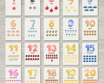 Tarjetas de números para niños: Números del 1 al 20, A7 y A6, Montessori, preescolar, jardín de infancia, descarga en PDF, material didáctico, tarjetas imprimibles