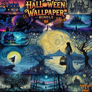 Halloween Wallpapers, Printable Wall Poster Bundle, 11 Spooky Gothic Whimsical, 5K 16:9, Digital Download Decoration, Tim Burton Inspired