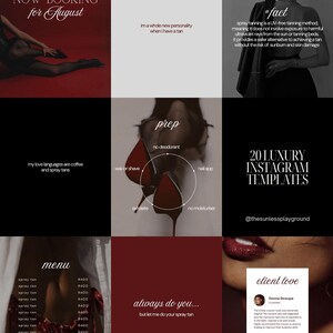 Puede incluir: Un collage de plantillas de Instagram y gráficos promocionales para un negocio de bronceado en spray. Las imágenes presentan texto como "Now Booking for August", "20 Luxury Instagram Templates" y un menú. La combinación de colores es principalmente rojo, negro y blanco.
