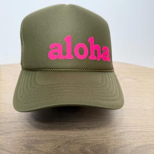 Aloha Trucker Hat – Olive Green with Neon Pink Lettering