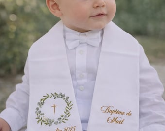 Etole écharpe personnalisée - Bébé/Enfant/Adulte - Baptême/Communion - Cérémonie religieuse / Christianisme - Eglise - Croix avec feuillage