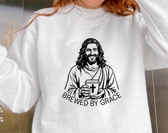 Kaffe och Jesus-tröja | Rolig kristen humor-tröja, kaffeälskare-present | Brewed By Grace