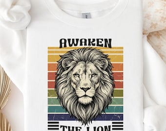 Sudadera cristiana vintage "Despierta al León" con versículo bíblico - Ropa cristiana de cuello redondo / Regalo cristiano del León de Judá / Camiseta "Fe sobre el miedo"