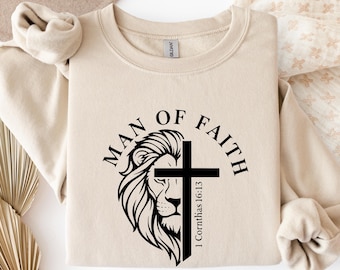 Sudadera con versículo bíblico "Hombre de fe, león, cruz" para hombres cristianos - Regalo de ropa religiosa