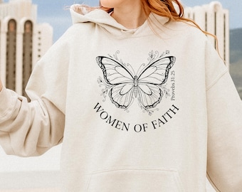 Sudadera con capucha estética para mujeres de fe: sudadera con versículo bíblico de mariposa, regalo inspirador para mujeres cristianas, sudadera con fe.