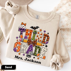 Personalized Third Grade Teacher Halloween Sweatshirt | Custom Name 3rd Grade Matching Crewneck, Faux Patchwork