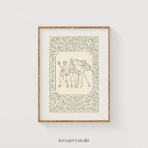 Può includere: Stampa artistica incorniciata con un disegno a tratto nero e bianco di tre figure stilizzate. L'opera è ambientata all'interno di un bordo decorativo di foglie. La stampa è etichettata "bella print studio".