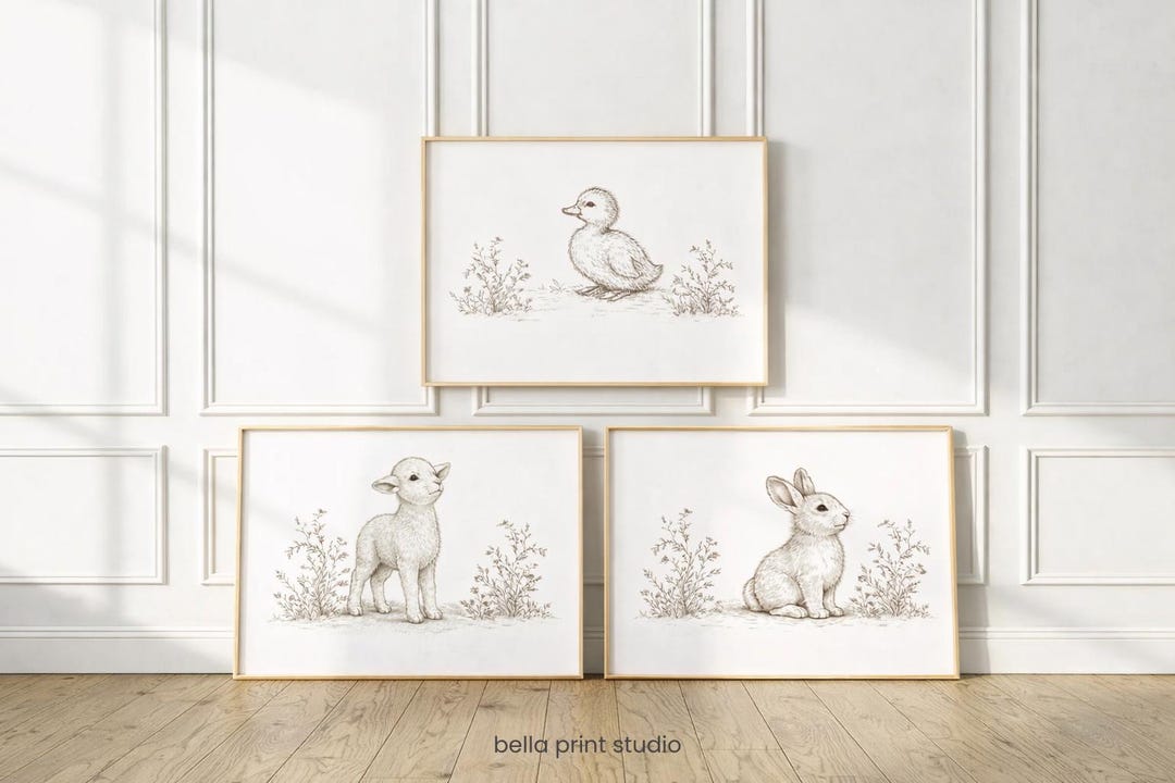 Neutral Nursery Animal Prints (set of 3): Bunny, Lamb, Duck Farm Art ...