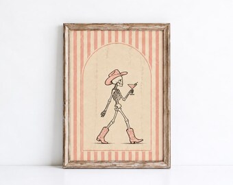 Cowgirl Skeleton Wall Art Printable: Pink Western Halloween Decor, Martini Skeleton Print, Retro Cowgirl Art (Digital Download)