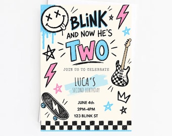 Blink And Now He’s Two Birthday Invitation: Pop Punk 2nd Birthday Invite, Rocker Skater Party, Editable Template (Digital Download)