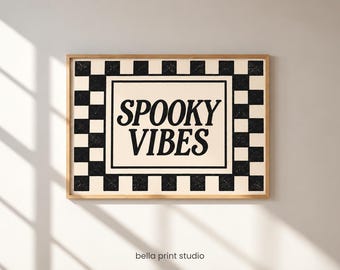 Spooky Vibes Halloween Wall Art Printable: Retro Checkerboard Halloween Print, Vintage Halloween Decor (Digital Download)