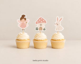 Fairy Garden Cupcake Toppers Printable: Fairy Birthday Party Decorations, Woodland Fairy Mushroom Toppers (Digital Download)