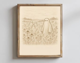 Art mural imprimable Halloween automne rustique fantôme dans les fleurs sauvages (téléchargement numérique)