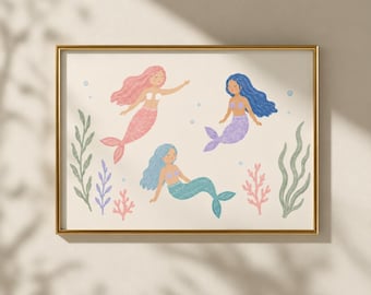 Mermaid Nursery Wall Art Printable: Pastel Mermaid Girls Room Decor, Under the Sea Kids Wall Art, Mermaid Print (Digital Download)