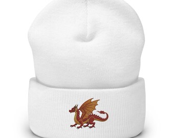 Red Dragon Embroidered Beanie | Fantasy Knit Winter Hat
