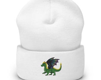 Embroidered Dragon Beanie | Iridescent Rainbow Wings | Fantasy Mythological Unisex Winter Hat Cuffed Beanie