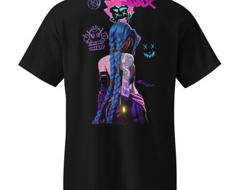 May include: Black t-shirt with a vibrant graphic of a character with blue hair and a tattoo. The design includes the word "Jinx" and other artistic elements. The shirt is a short-sleeved crew neck.