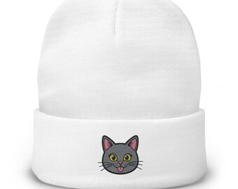 Embroidered Grey Cat Beanie, Playful Kitty Gift