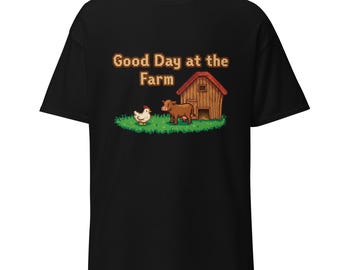 Camiseta inspirada en Stardew Valley: Granja de pollos y vacas con diseño pixelado
