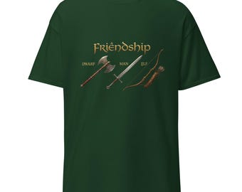 Fantasy Friendship T-Shirt | RPG Gamer Tee with Dwarf Axe, Man Sword, Elf Bow