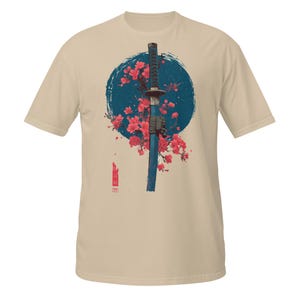Blue Katana and Cherry Blossom T-Shirt – Japanese Samurai Aesthetic Tee | Basic Soft