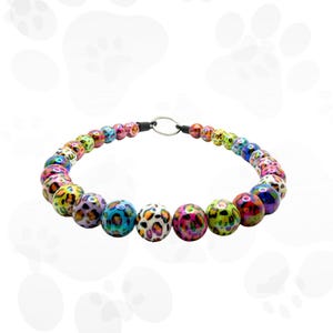 May include: A colorful beaded pet collar. The collar features a variety of round beads in multiple colors and patterns, including leopard print and solid colors. The collar has a metal clasp.