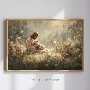 Safe in the Shepherd’s Arms, Image of Jesus with the Lamb, Christian Printable Wall Art, Jesus Christ Oil Painting, Bible Landscape Print