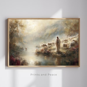 The Good Shepherd Oil Painting Print – Psalm 23 Scripture Decor - Jesus with Sheep by the Still Waters, Christian Art (Digital Download)