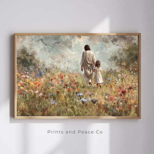 Walking with Jesus – Child with Christ in Meadow, Christian Wall Art - Inspirational Faith Print, Jesus Oil Painting, Jesus with Little Girl