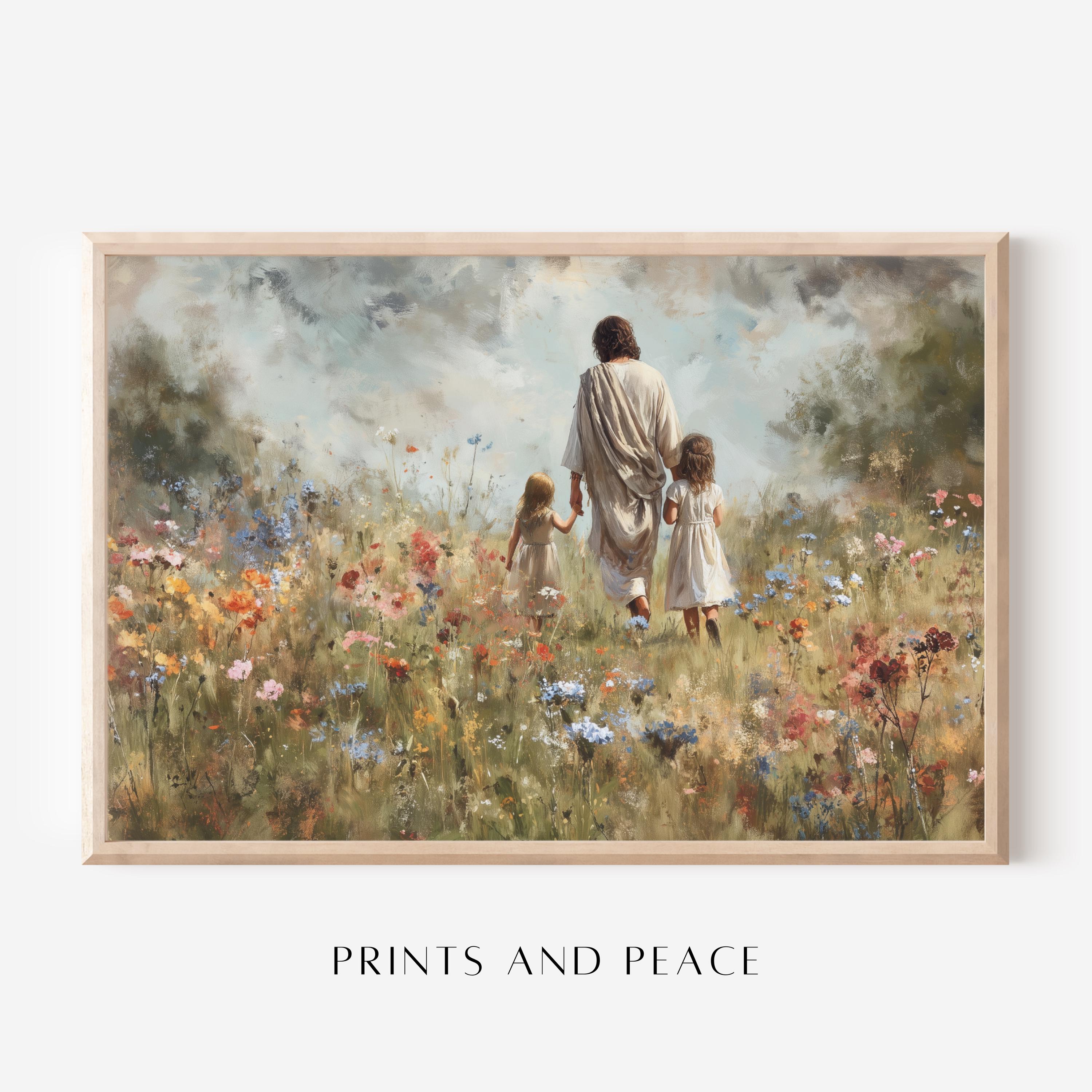 Walking With Jesus – Children With Christ in Meadow, Christian Wall Art ...