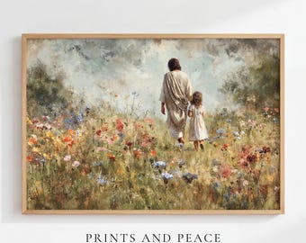 Walking with Jesus – Child with Christ in Meadow, Christian Wall Art - Inspirational Faith Print, Jesus Oil Painting, Jesus with Little Girl