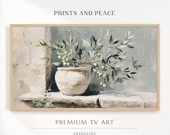FRAME TV art Olive Branches in Clay Pot, Neutral Samsung Frame tv art vintage style oil painting, Botanical tv screensaver olive green beige