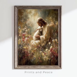 Safe in the Shepherd’s Arms, Image of Jesus with the Lamb, Christian Printable Wall Art, Jesus Christ Oil Painting. (Digital Download)