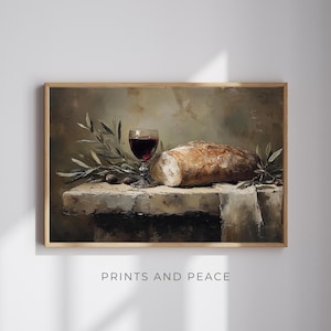 Communion Still Life, Bread and Wine & olive branches, DIGITAL DOWNLOAD, Oil Painting of Last Supper Symbols, Modern Christian Wall Art