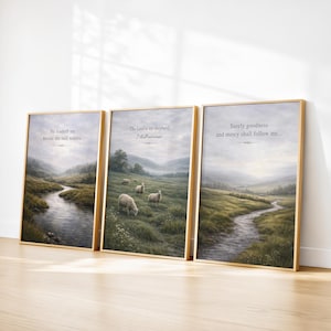 Psalm 23 Wall Art Set of 3, The Lord is My Shepherd Christian Wall Art, Bible Verse Printable Set, Neutral Scripture Decor, Landscape Prints