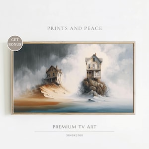 May include: A framed print depicting two old houses on rocky ground under a stormy sky. The artwork uses a muted colour palette and includes the text "PRINTS AND PEACE" and "PREMIUM TV ART".