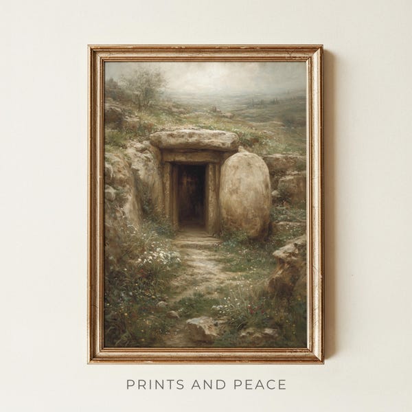 The Empty Garden Tomb - He Is Risen, Vintage Oil Painting, Christian Wall Art, Bible Verse Digital Download, Rustic Easter Biblical Artwork,